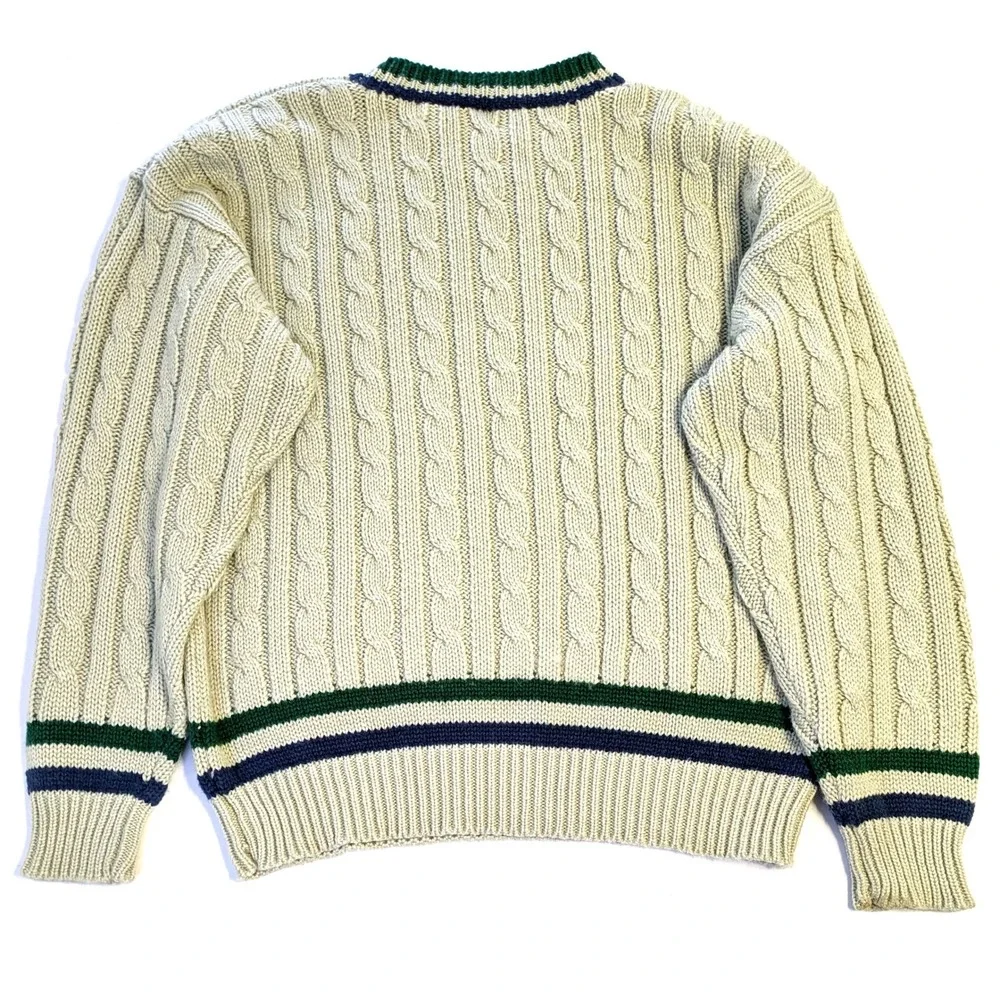Together Men Vintage Cable Knit Sweater Cream Green Blue Stripe 90s Prep Large